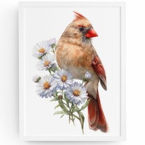Watercolor Female Cardinal Bird with Flowers Wall Art Print Unframed